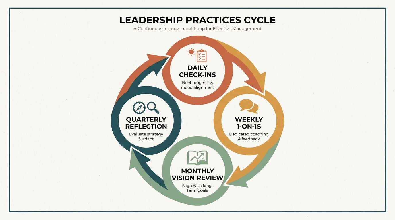 Closed-loop diagram of leadership practices — Daily Check-ins, Weekly 1-on-1s, Monthly Vision Review, Quarterly Reflection — connected by circular arrows.