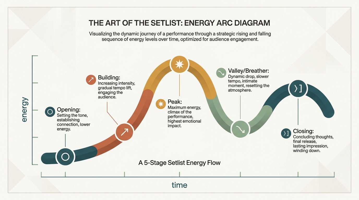 Five-stage setlist arc — Opening, Building, Peak, Valley, Closing — laid out as a rising-and-falling energy curve with labeled points.