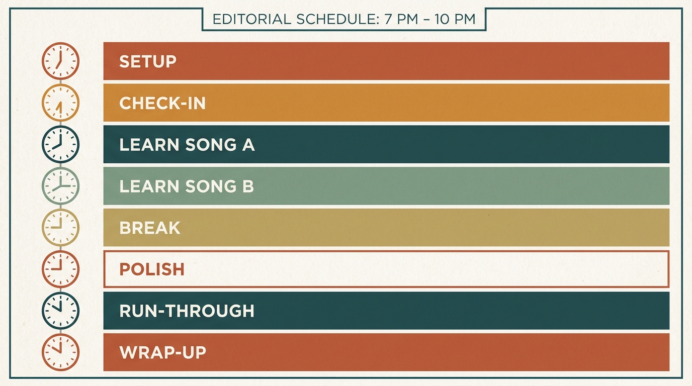 Vertical time-block schedule 7pm to 10pm with stacked labeled bands: Setup, Check-in, Learn Song A, Learn Song B, Break, Polish, Run-through, Wrap-up.