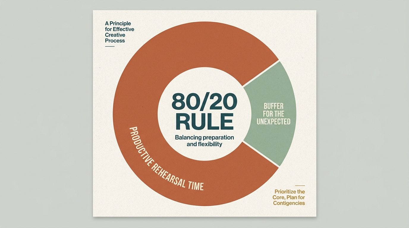 Pie chart split 80% Productive Rehearsal Time to 20% Buffer for the unexpected, illustrating the 80/20 rule.