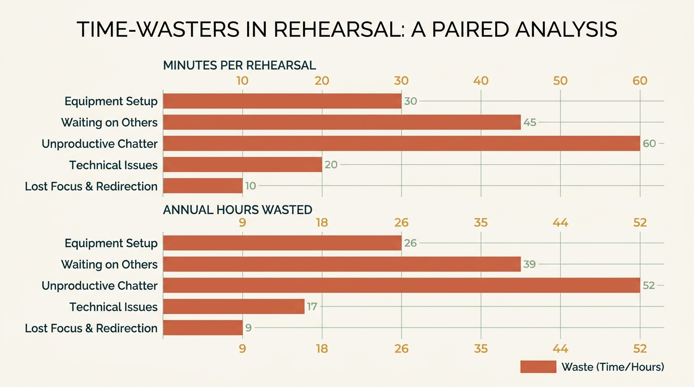 Paired horizontal bar chart showing minutes per rehearsal (10-60) and annual hours wasted (9-52) for five time-wasters.