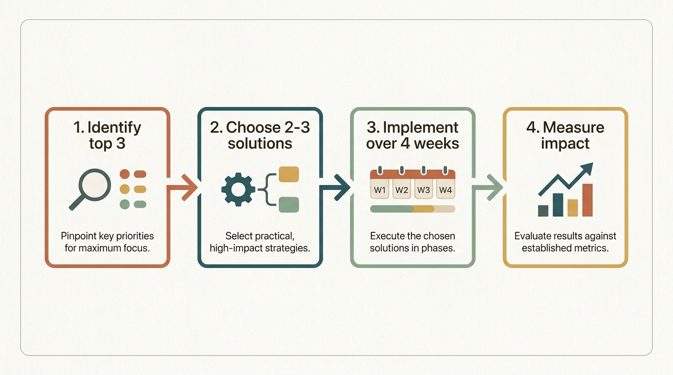Four-step horizontal action plan — Identify top 3, Choose 2-3 solutions, Implement over 4 weeks, Measure impact — each step a labeled box connected by arrows.