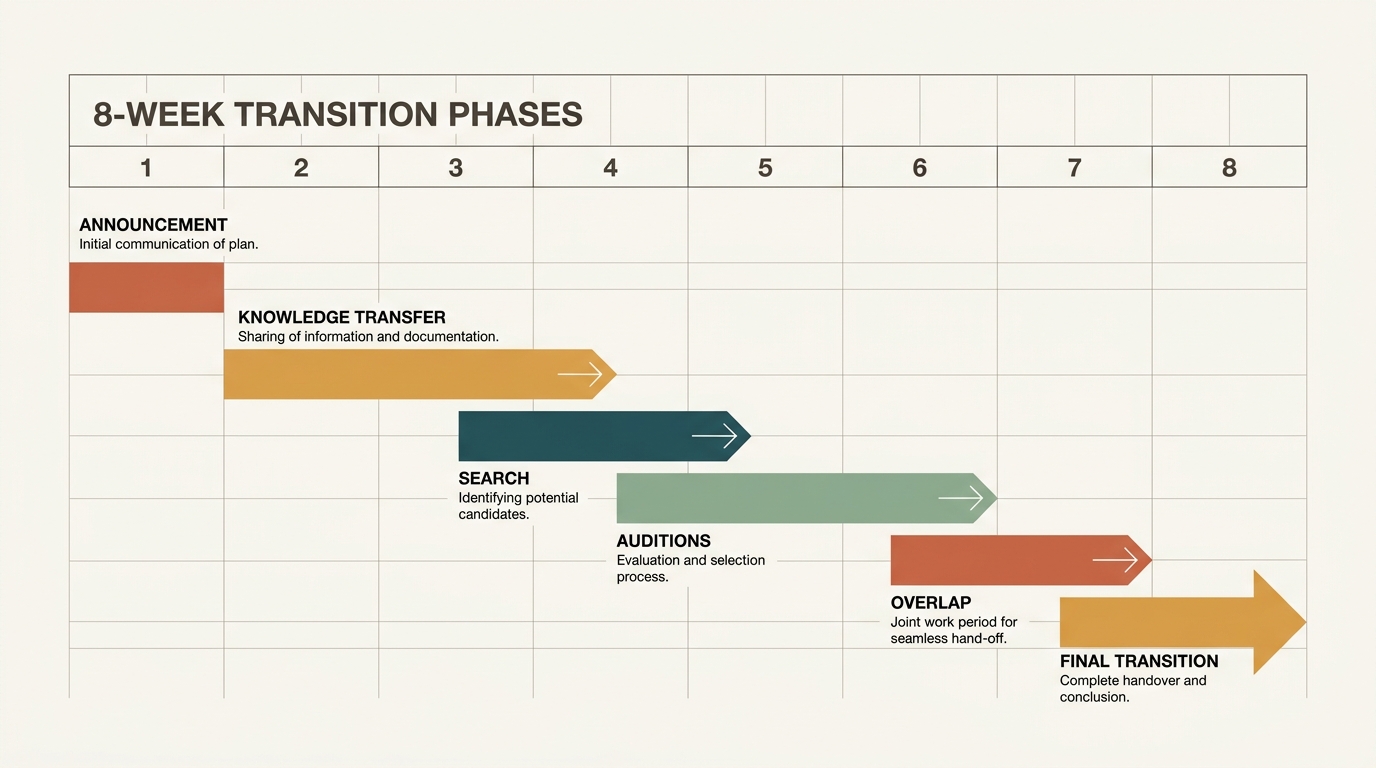 Eight-week horizontal Gantt-style timeline showing transition phases — Week 1 Announcement, Weeks 2-3 Knowledge Transfer, Weeks 3-4 Search, Weeks 4-6 Auditions, Weeks 6-7 Overlap, Weeks 7-8 Final Transition.