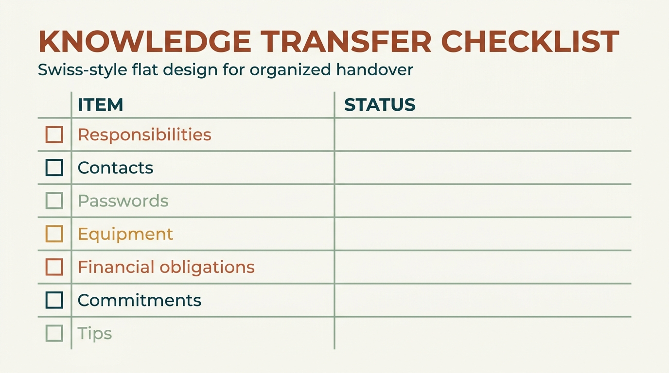 Two-column checklist of knowledge-transfer items (Responsibilities, Contacts, Passwords, Equipment, Financial obligations, Commitments, Tips) with empty checkboxes.