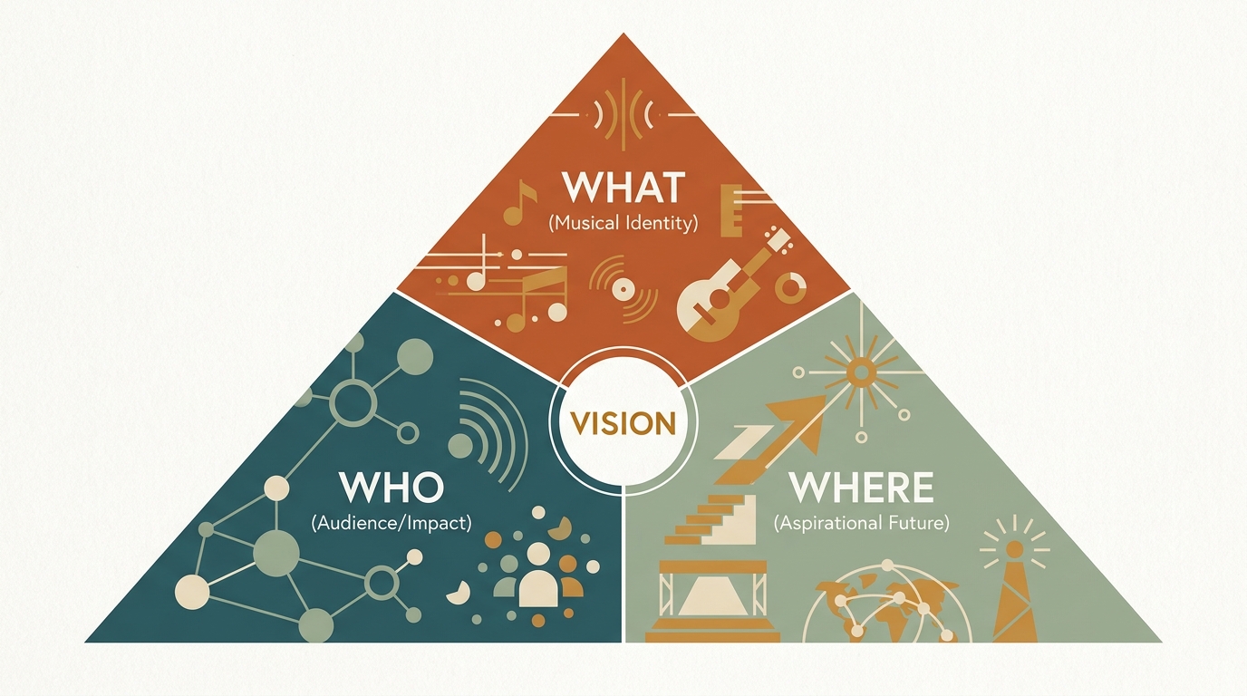Large triangle split into three sections — top What (Musical Identity), bottom-left Who (Audience/Impact), bottom-right Where (Aspirational Future) — around a small Vision circle.