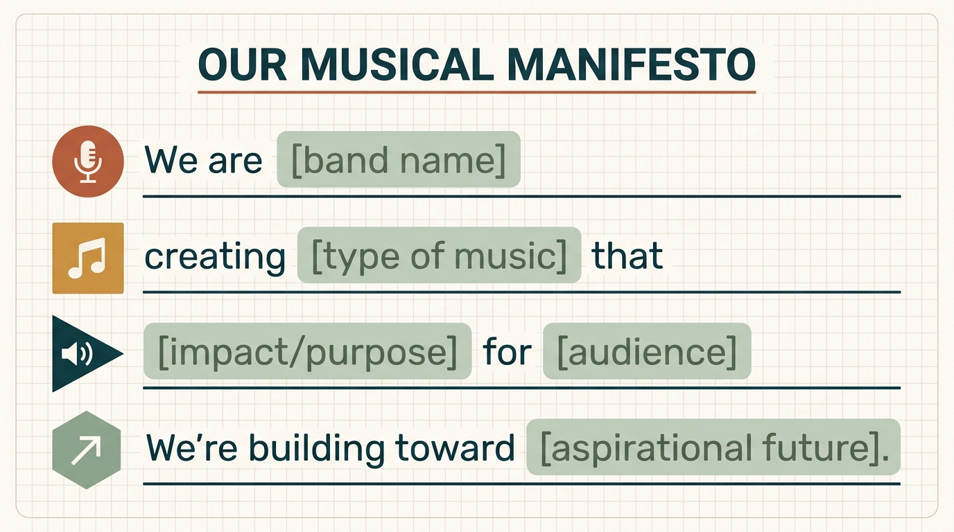 Structured template card showing a fill-in-the-blank vision statement: We are band name, creating type of music that impact for audience.