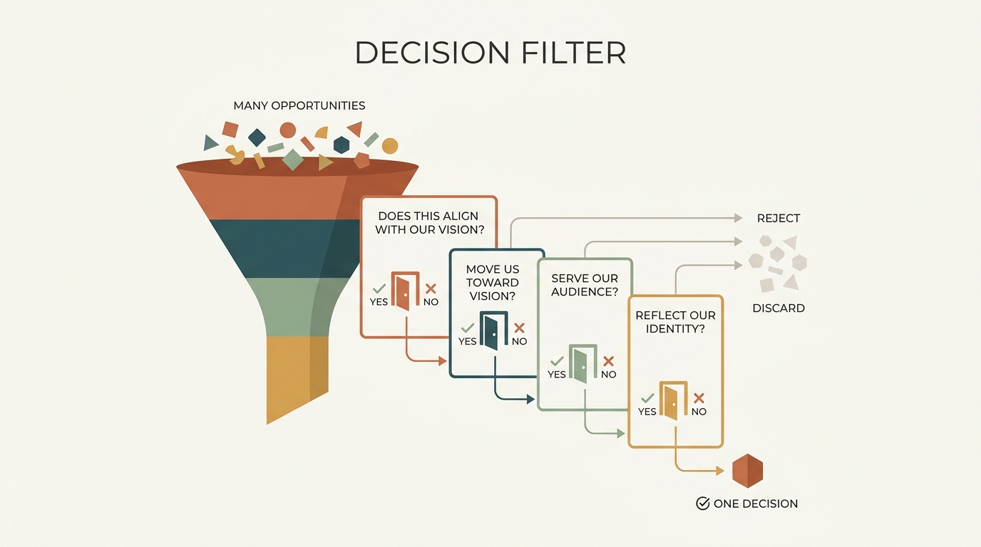 Four-question decision filter — Does this align with our vision?, Move us toward vision?, Serve our audience?, Reflect our identity? — funneling from many opportunities to one decision.