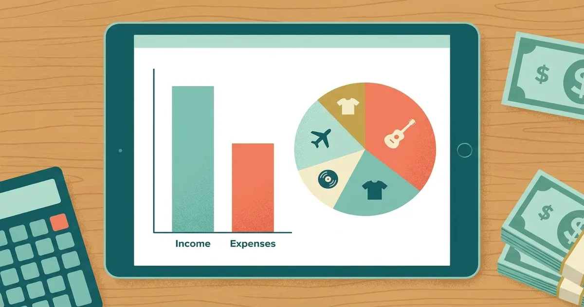 Band financial budget dashboard showing income, expenses, and category breakdown charts on a tablet