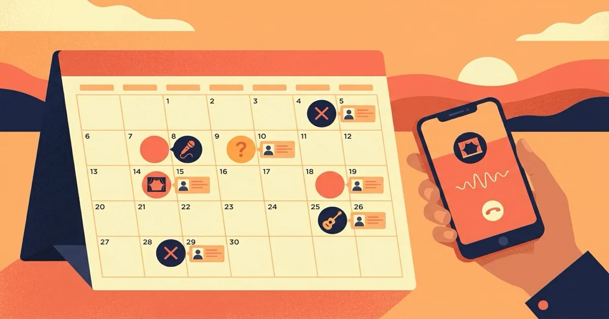 Gig booking calendar planner with color-coded status markers, venue icons, and contact cards