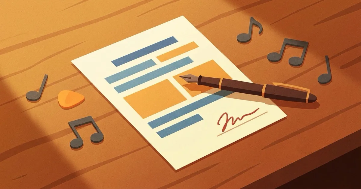 Music band contract document on a wooden desk with fountain pen, musical notes, and guitar pick